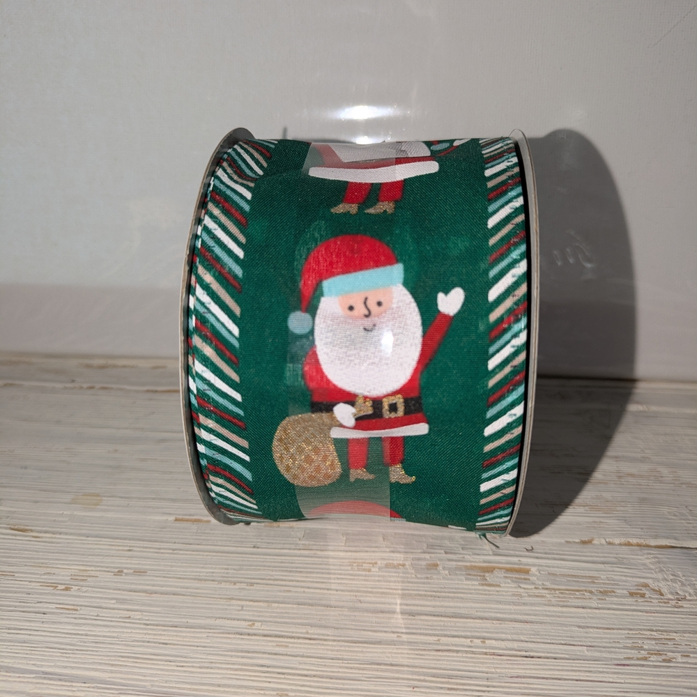 Place & Time Festive Green Santa Ribbon Wire Edge 8.3 Yards